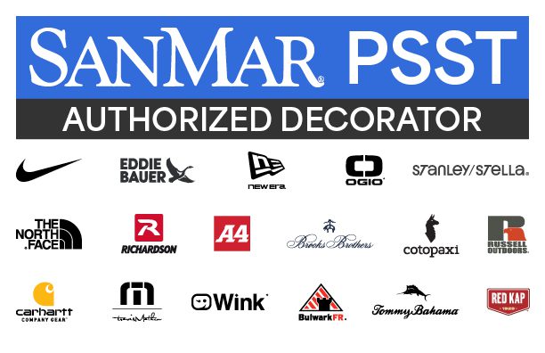 SanMar PSST Authorized Decorator badge for Sew & Sew Embroidery — Nike, The North Face, Carhartt, New Era, Richardson, TravisMathew, and other approved brands